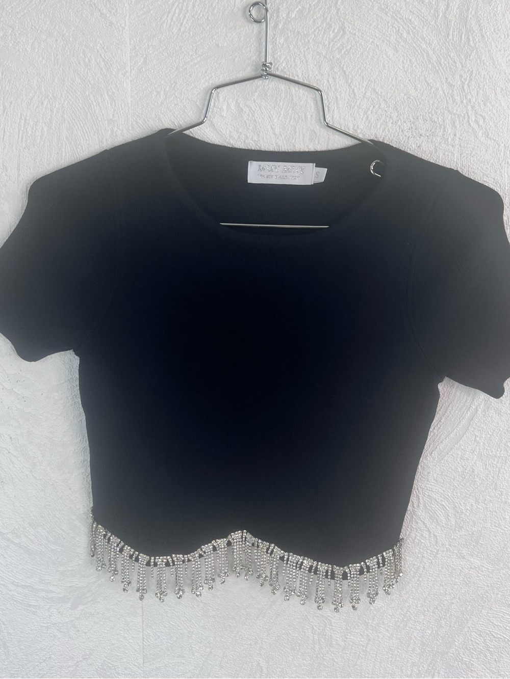 Muy Muy Black Beaded Fringe Cropped Tee Size Small